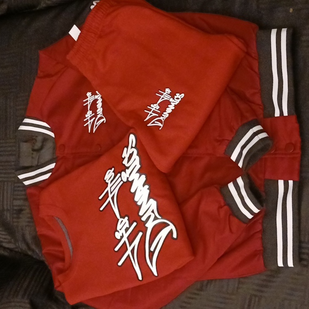 I'm selling a small red sweat suit and jacket outfit called Hip Hop Dynamics.